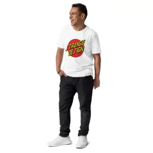Man wearing white Strange Design unisex tee